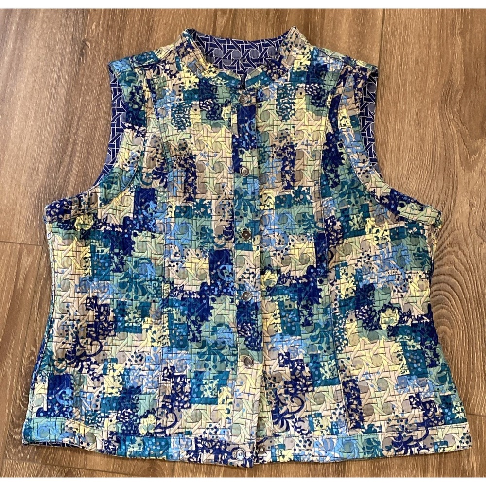 Vintage Quilted Vest Women's Handmade Reversible Cottagecore Snap Blue Lg/XL